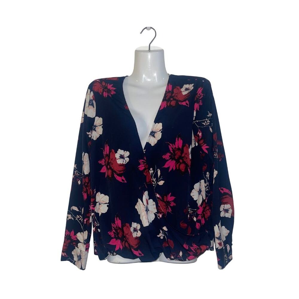 A New Day Floral Long Sleeve Faux Wrap Blouse SZ M Artsy Career Boho Casual